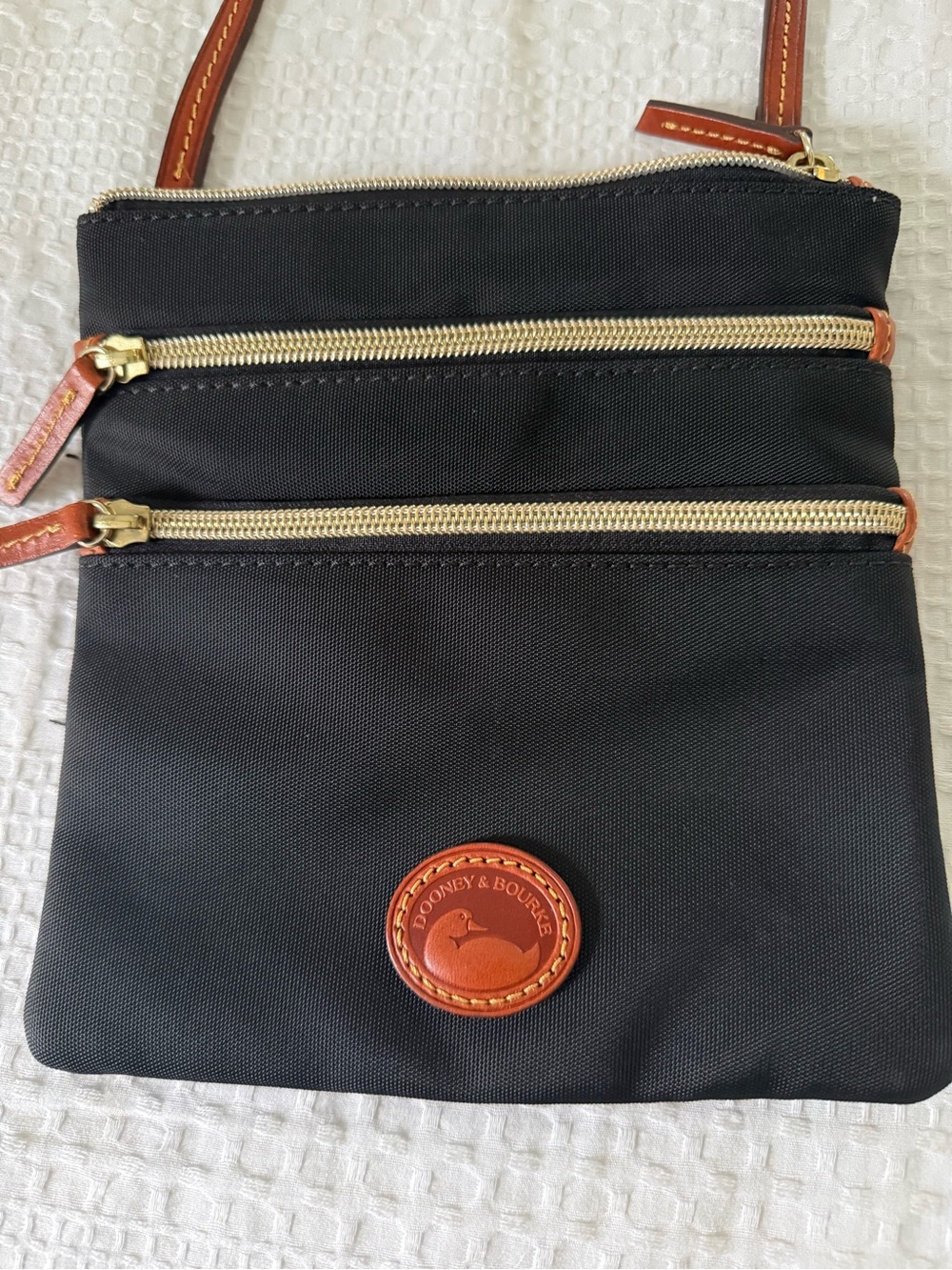 Dooney & Bourke Black Nylon Crossbody with Brown Leather Trim and Gold Zippers